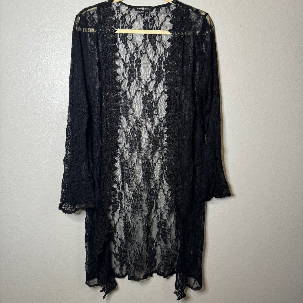 Belle Tweed Bell sleeve Lacey Black Coverup with Beautiful Embroidered Lace Trim